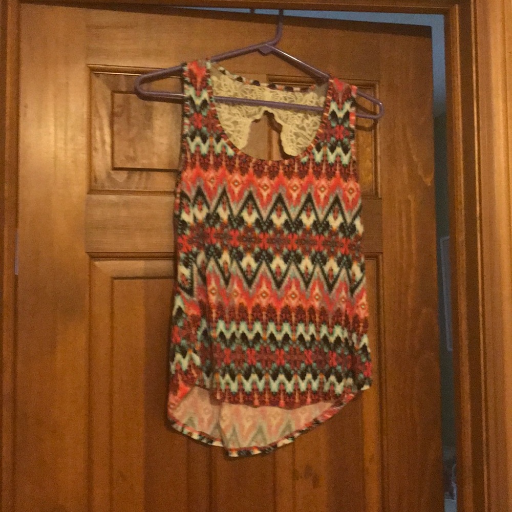 NoBo Aztec print tank ton with lace detailing.